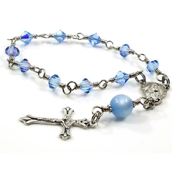 Mary Jesus One Decade Rosary, Moonglow Bead, Wire Wrapped - Picture 1 of 10